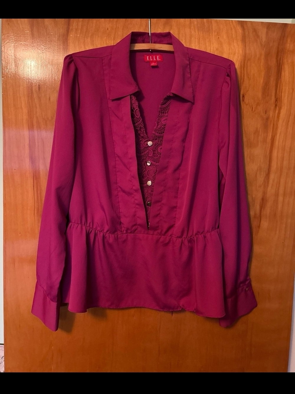 ELLE Magenta Lace-Trim Peplum Blouse